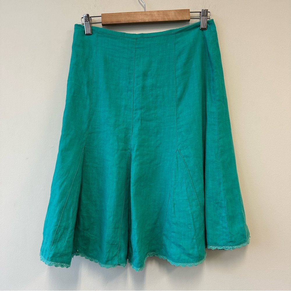100% Linen Turquoise Green A-Line Skirt With Dainty Lace Hem